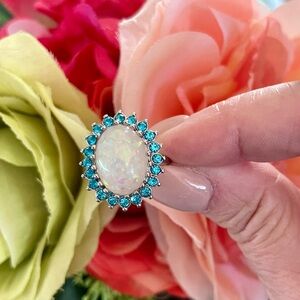 Opal Centerpiece Ring with Blue Halo - Women Jewelry